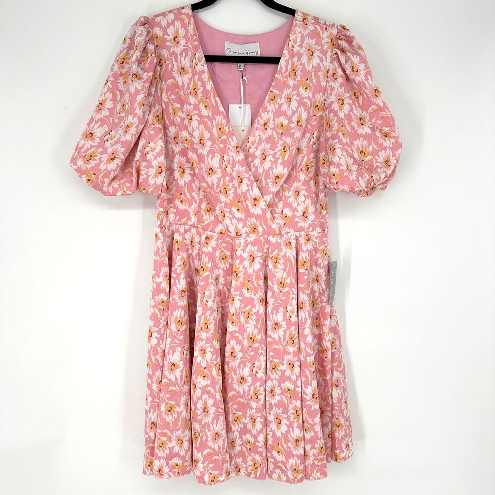 Charles Henry Pink Daisy Floral Faux Wrap Puff Sleeve Mini Dress Womens Medium